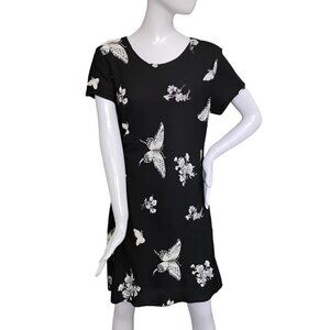 Jessica Howard Sheath Dress Size Large Black with Beige Butterflies Print Rayon